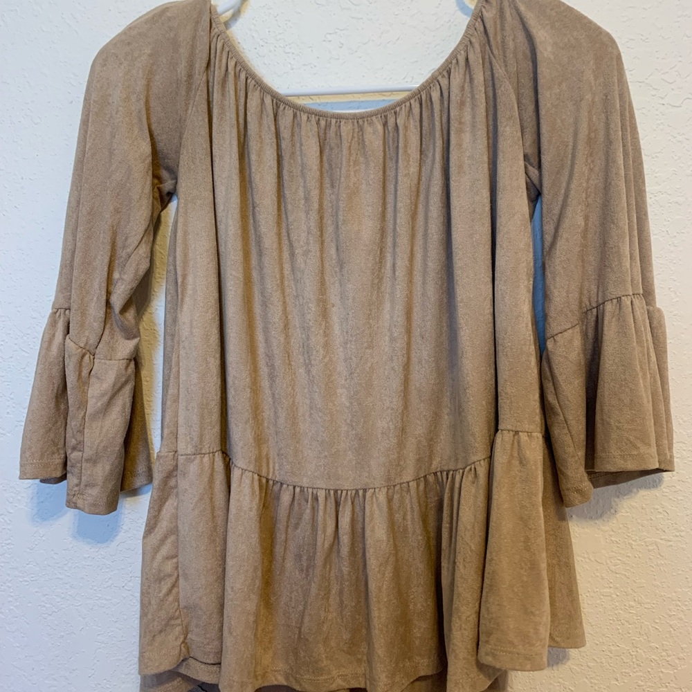Boutique velvety tan off-the-shoulder blouse